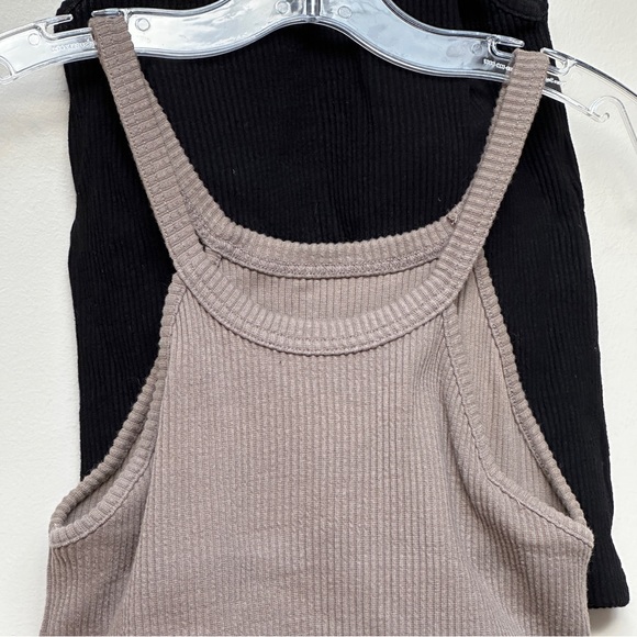 Murmuring Ribbed Halter Tank Top Set Black Taupe Built-In Bra Cami Size F - Picture 2 of 11
